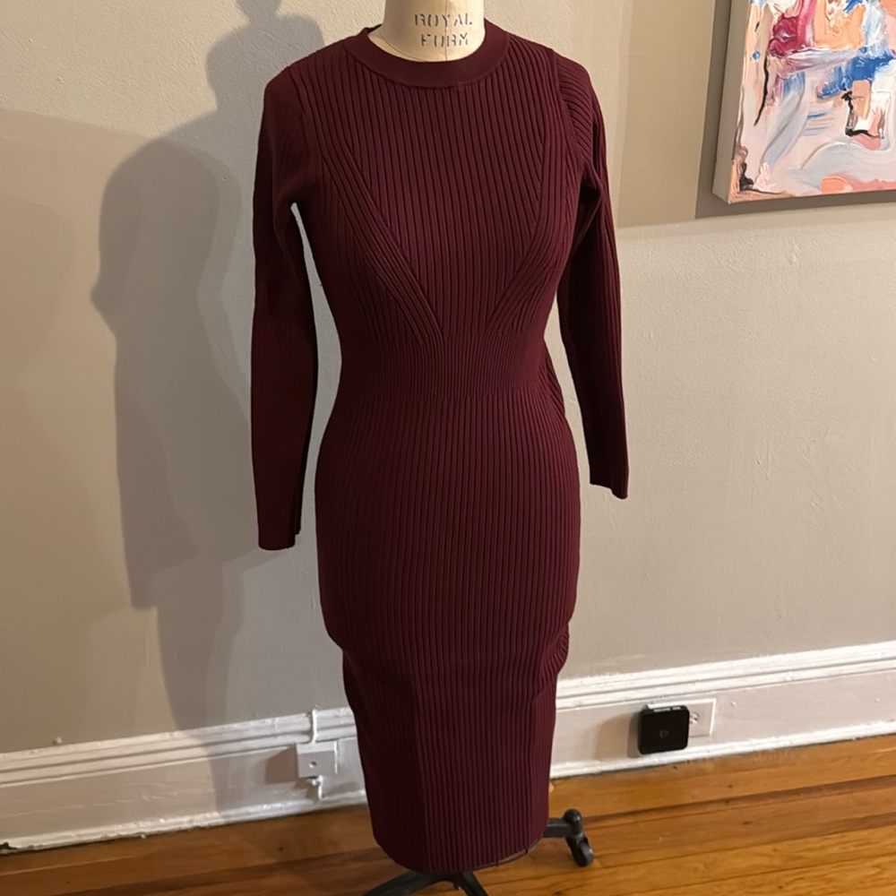 Burgundy Knit Midi Bodycon with Amazing Curve hugging pattern at bodice